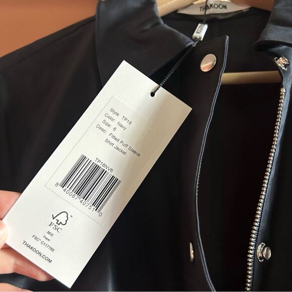 Thakoon Fitted Puff Sleeve Shirt Jacket Navy Blue Collar Full Zip NWT Size 6 - Picture 4 of 8